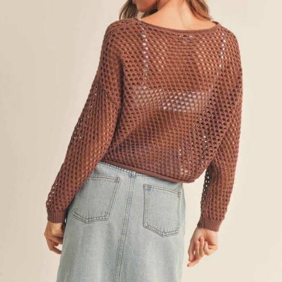 Women's Open Knit Crochet Sweater Top | Chocolate Brown - Picture 3 of 5